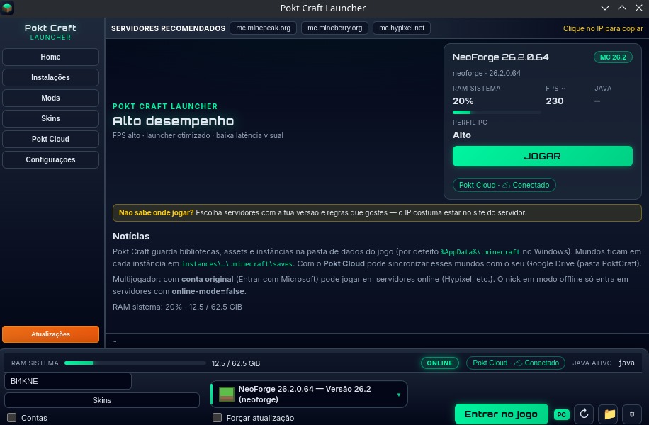 Pokt Craft Launcher no ambiente de trabalho